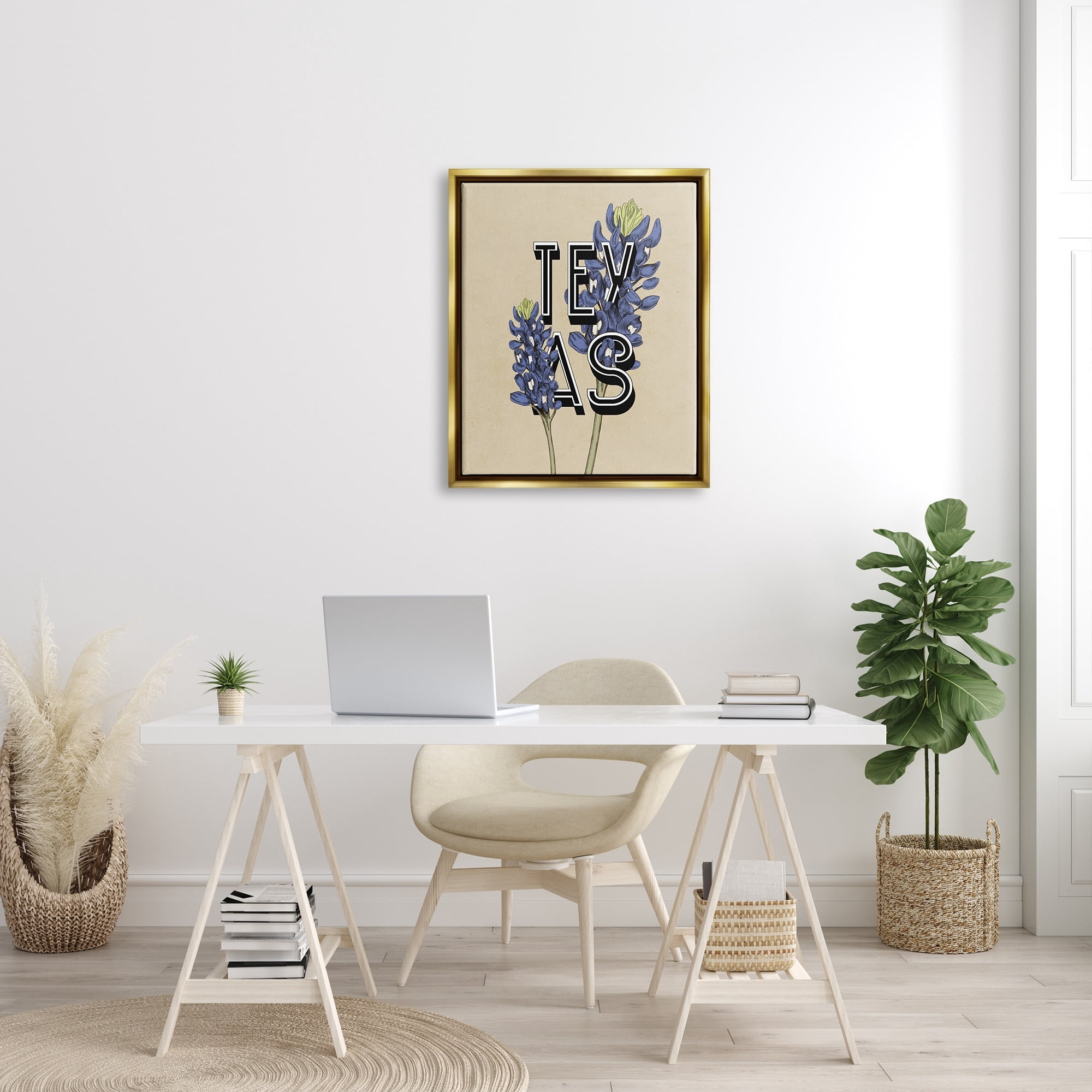 Stupell Industries Texas State Flower Bluebonnet Plant Sprigs Typography Graphic Art Metallic Gold Floating Framed Canvas Print Wall Art, Design by Daphne Polselli