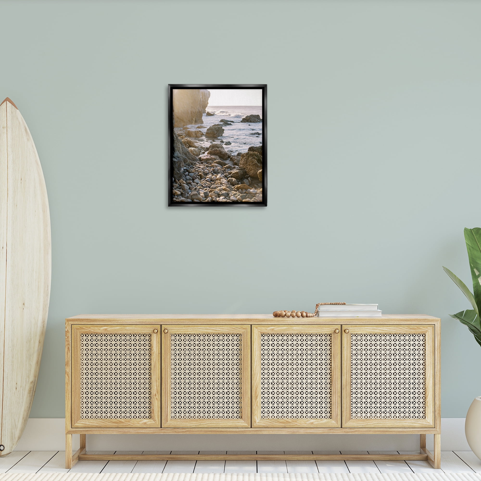 Stupell Industries Rocky Coast Waves Landscape Photography Black Floater Framed Canvas Art Print Wall Art, 25 x 31