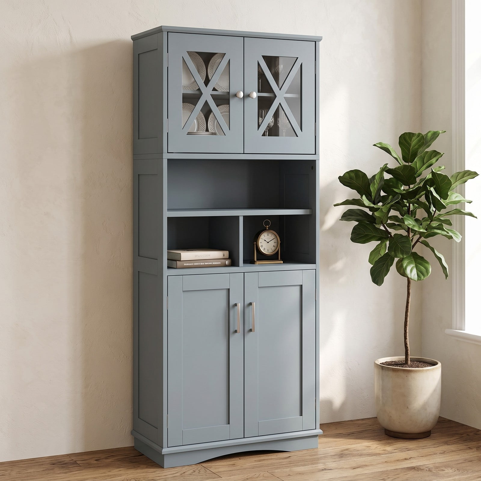 ALPULON Tall Bathroom Storage Cabinet, Freestanding Floor Linen Tower with Acrylic Doors, 3 Adjustable Shelves and 3 Open Cubes, MDF Organizer for Bathroom, Gray
