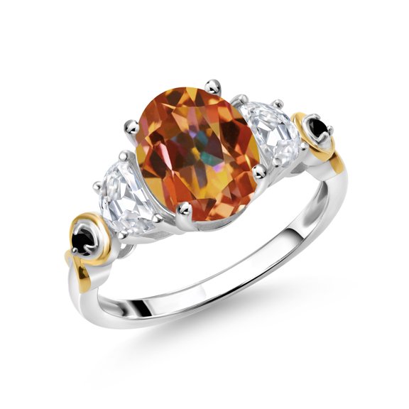 Gem Stone King 925 Silver and 10K Yellow Gold 3-Stone Ring Oval Ecstasy Mystic Topaz and Moissanite (2.51 Cttw, Size 6)