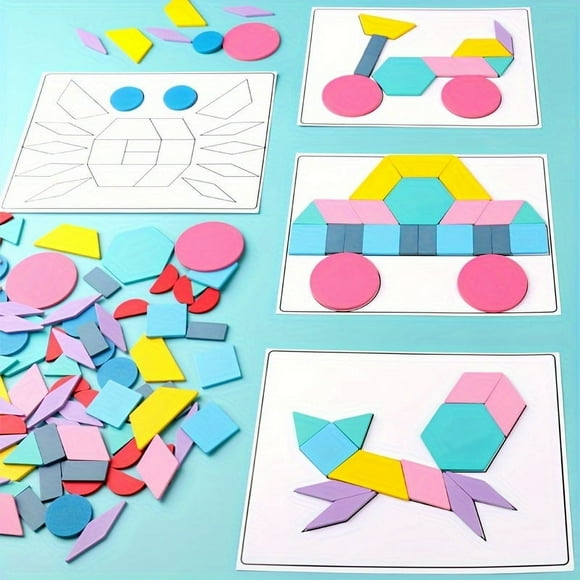 180pcs Wooden Pattern Building Blocks - Tangram Shape Puzzle Set Color Classification Stacking Game Wooden Animal Puzzle Pre-school Brain Teaser STEM Gift, As Halloween, Chrismas Gift