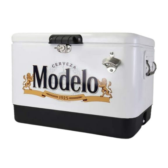 Modelo Ice Chest Beverage Cooler with Bottle Opener, 51L (54 qt), 85 Can Steel-Belted Portable Cooler, White and Black, for Camping, Beach, RV, BBQs, Tailgating, Fishing