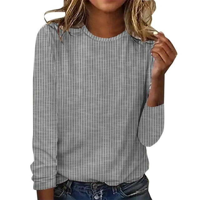 WTXUE T-Shirts Manches Longues, Col Rond pour Femmes Automne Hiver T-Shirt Rayé Décontracté Gris/rayé L
