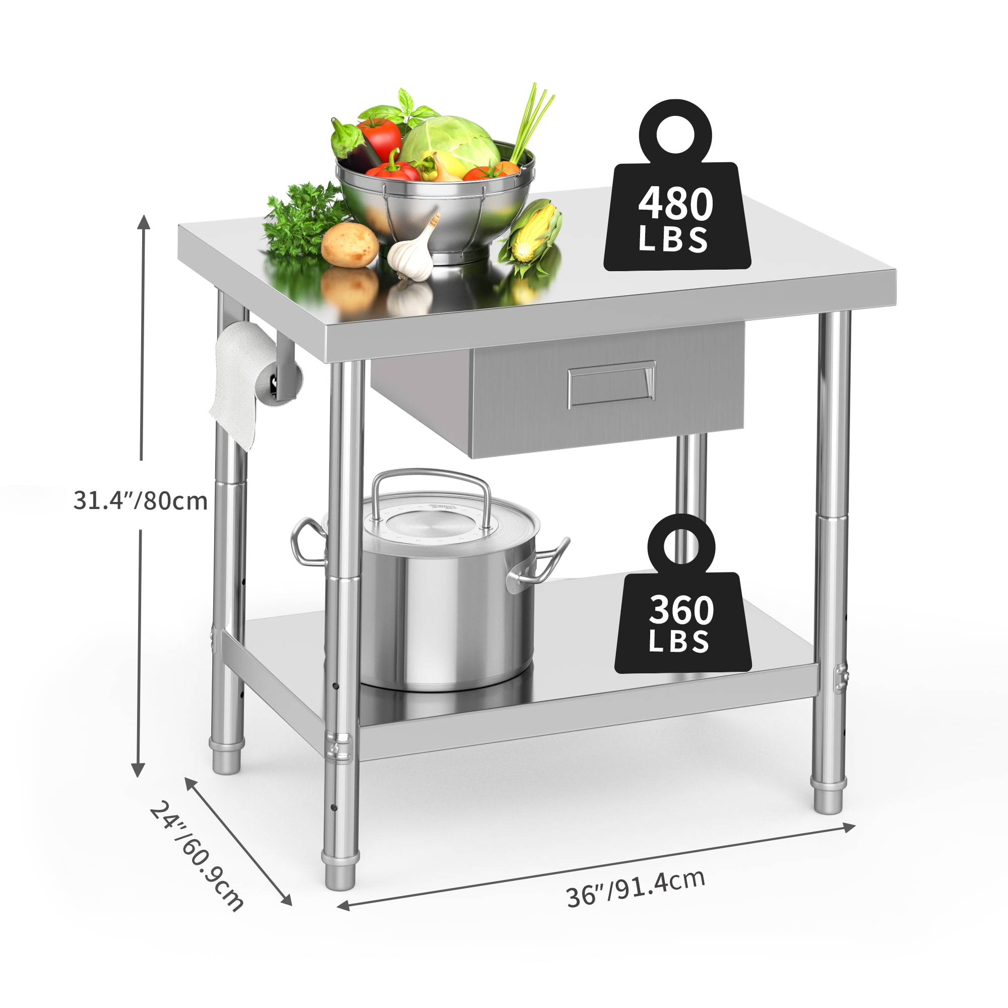 Dextrus 48" × 24" Stainless Steel Table with 2 Drawers, Work Table with Drawer
