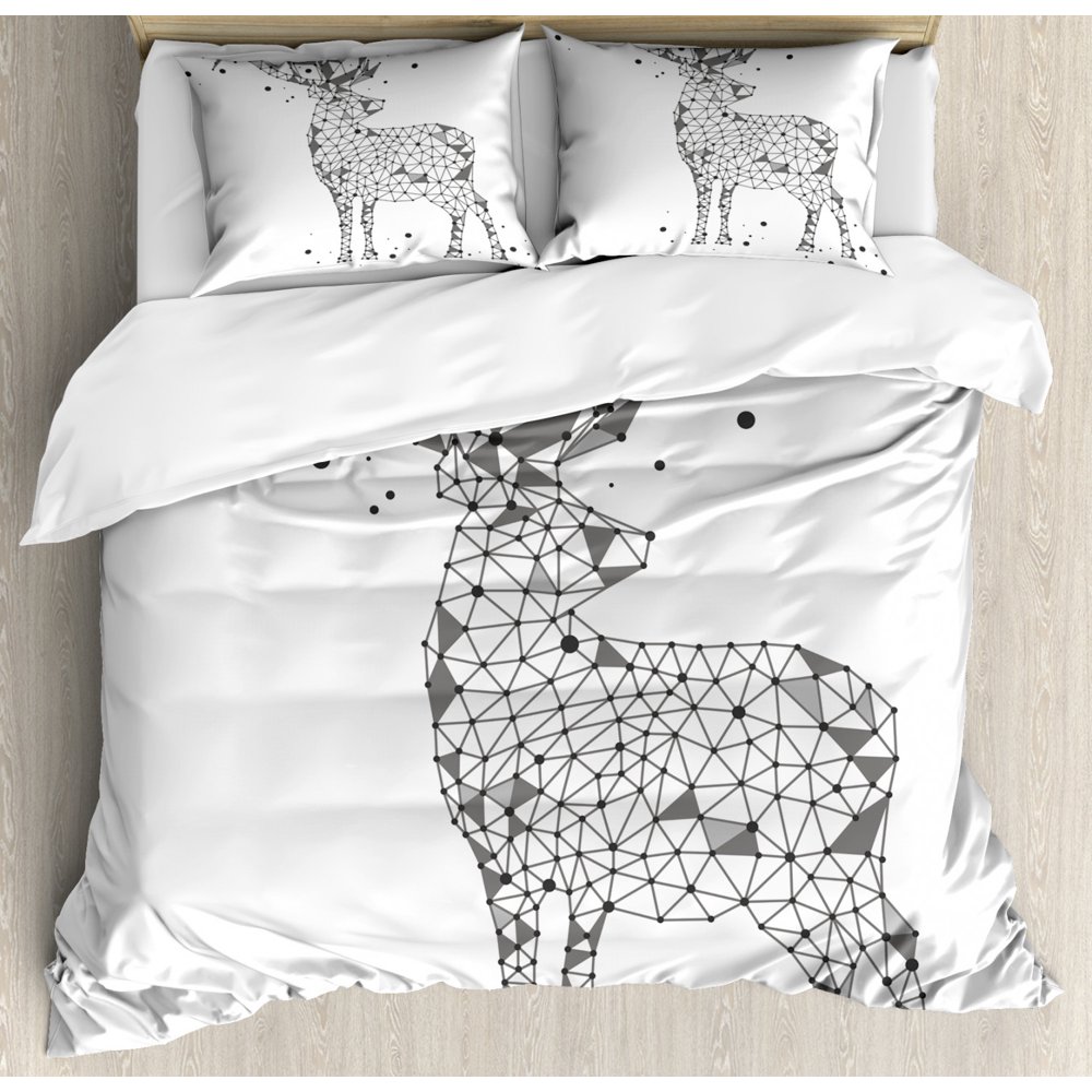 Deer Hunting Duvet Cover Set King Size, Polygonal Look Wild Animal with Horns Hipster Print, 3