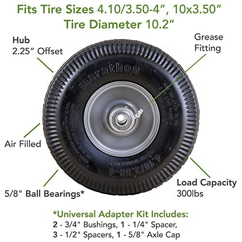 Marathon Universal Fit Air-Filled Wheelbarrow Tire on Wheel with Spacer/Bushing Kit Included 