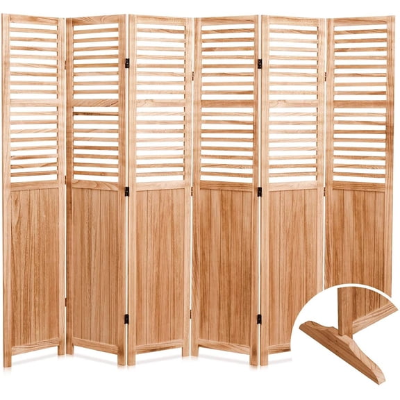 82.8" W x 65" H 6-Panel Solid Wood Folding Room Divider, Natural Wood Privacy Screen for Home & Office