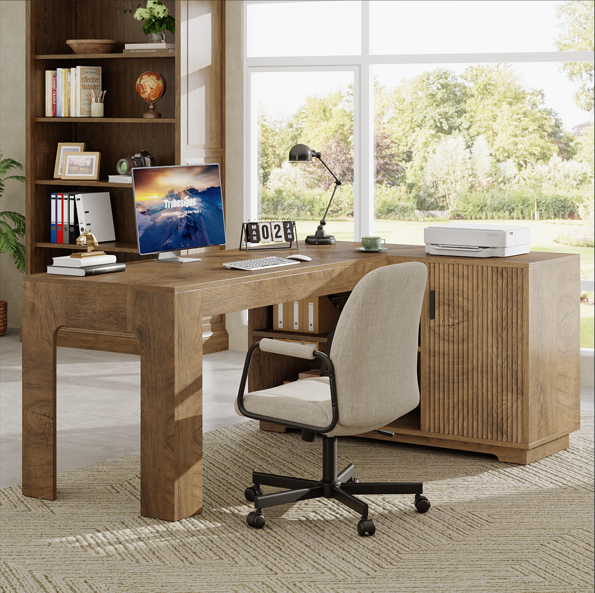 Tribesigns 59.1" Large L-Shaped Executive Desk, Wooden Office Computer Desk with Storage, Farmhouse Writing Table Workstation With Storage Cabinet for Home Office