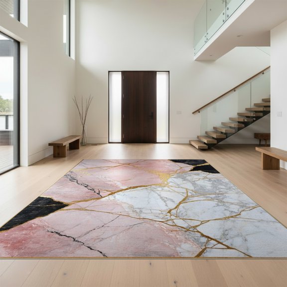 Design&I 8'x10' Washable Area Rug Extra Large Skid-Resistant Low Profile Pink Blush Marble Design Abstract Cracked Stone with Veining for Living Room, Family
