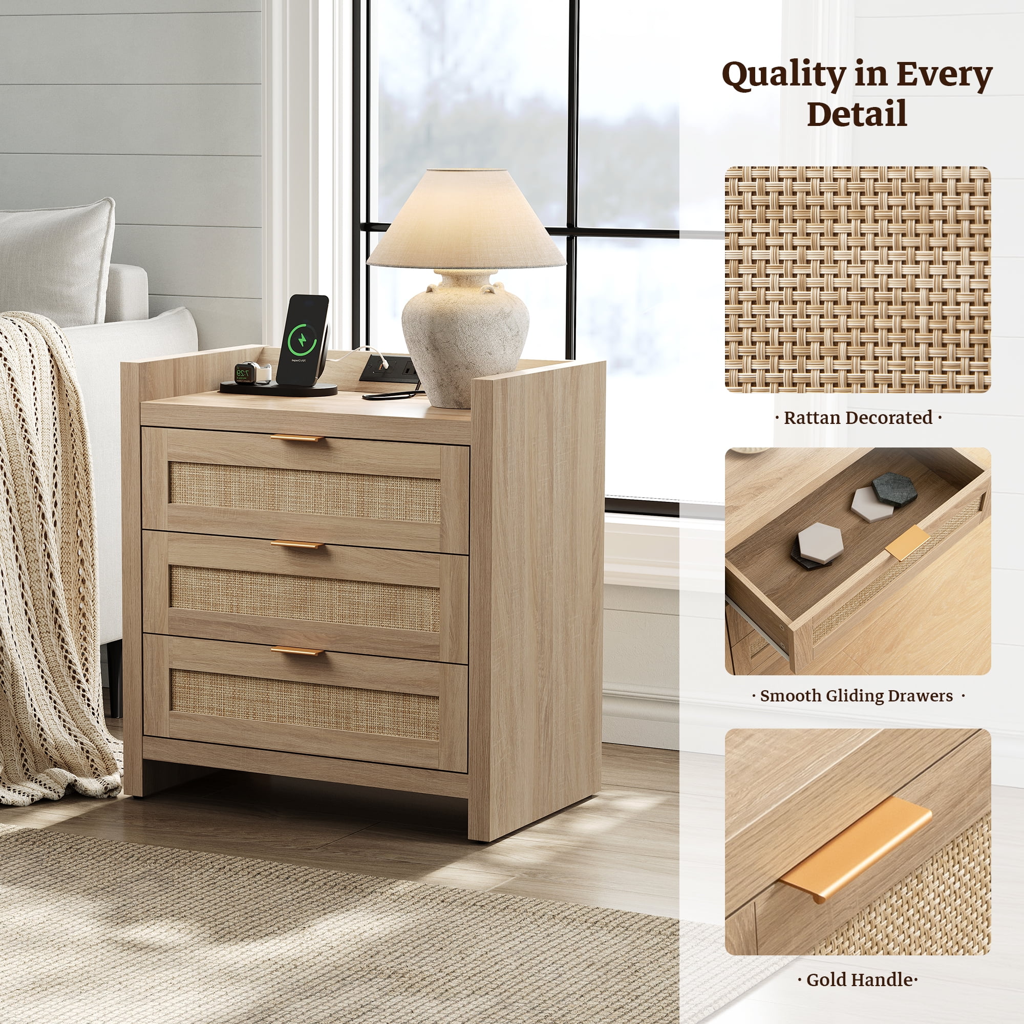 SICOTAS Boho Night Stands with Charging Station, Rattan Nightstands with Type-c Ports 26.57"H Tall Bed Side Table with 3 Drawers for Bedroom Enrtyway Livingroom,Light Oak