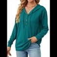 thumbnail image 1 of Sudadera con Capucha para Mujer, de Punto, de Larga, con Cordón Ajustable, Botones, Cuello en V, Informal, Tipo Jersey, con Capucha Azul Pavo Real S, 1 of 9