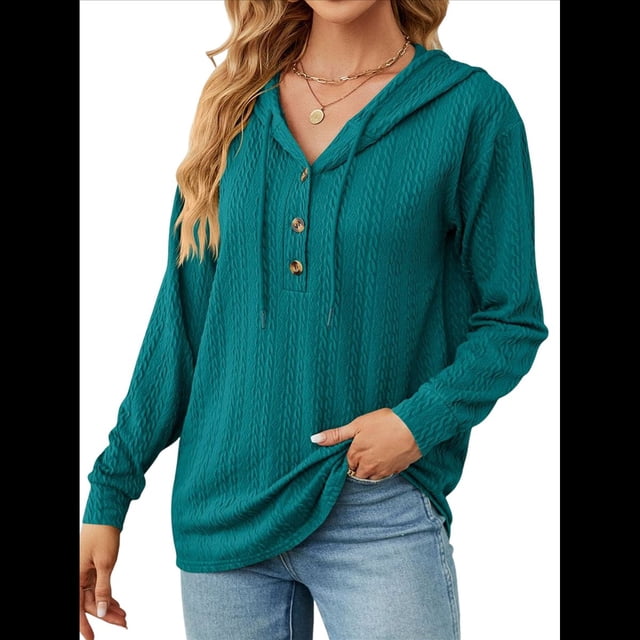 Sudadera con Capucha para Mujer, de Punto, de Larga, con Cordón Ajustable, Botones, Cuello en V, Informal, Tipo Jersey, con Capucha Azul Pavo Real S