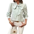 thumbnail image 2 of Womens Tie Neck Long Sleeve Shirts Casual Work Blouses Tops Green XXL, 2 of 9