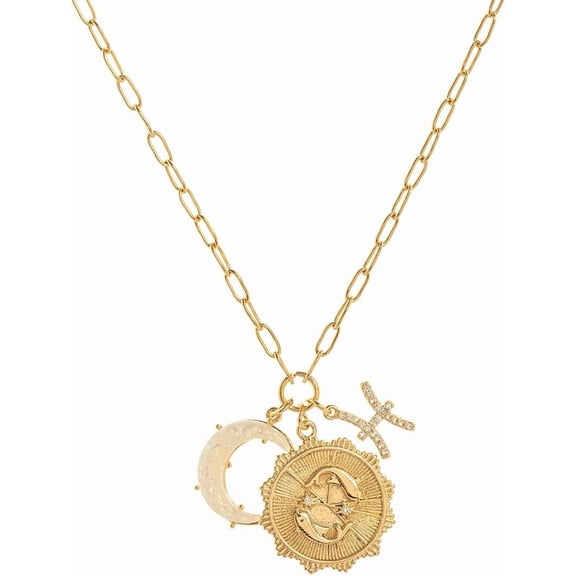 Zodiac Necklaces for Women,14K Gold Plated Zodiac Sign Coin Necklace with Opal Crescent Moon 12 Constellation Astrology