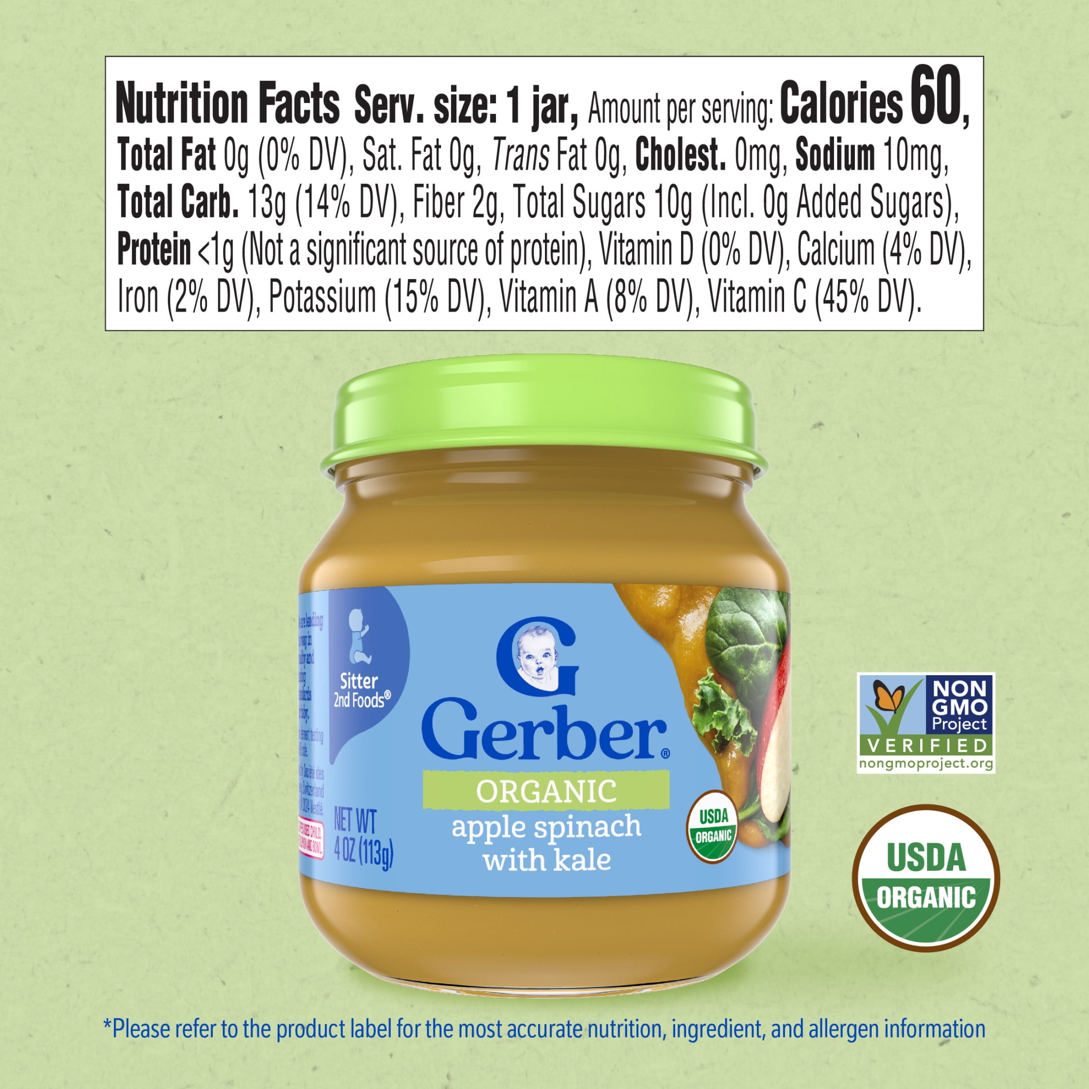 (12 pack) Gerber Organic Stage 2 Baby Food Puree, Apple Spinach Kale, 4 oz Jar