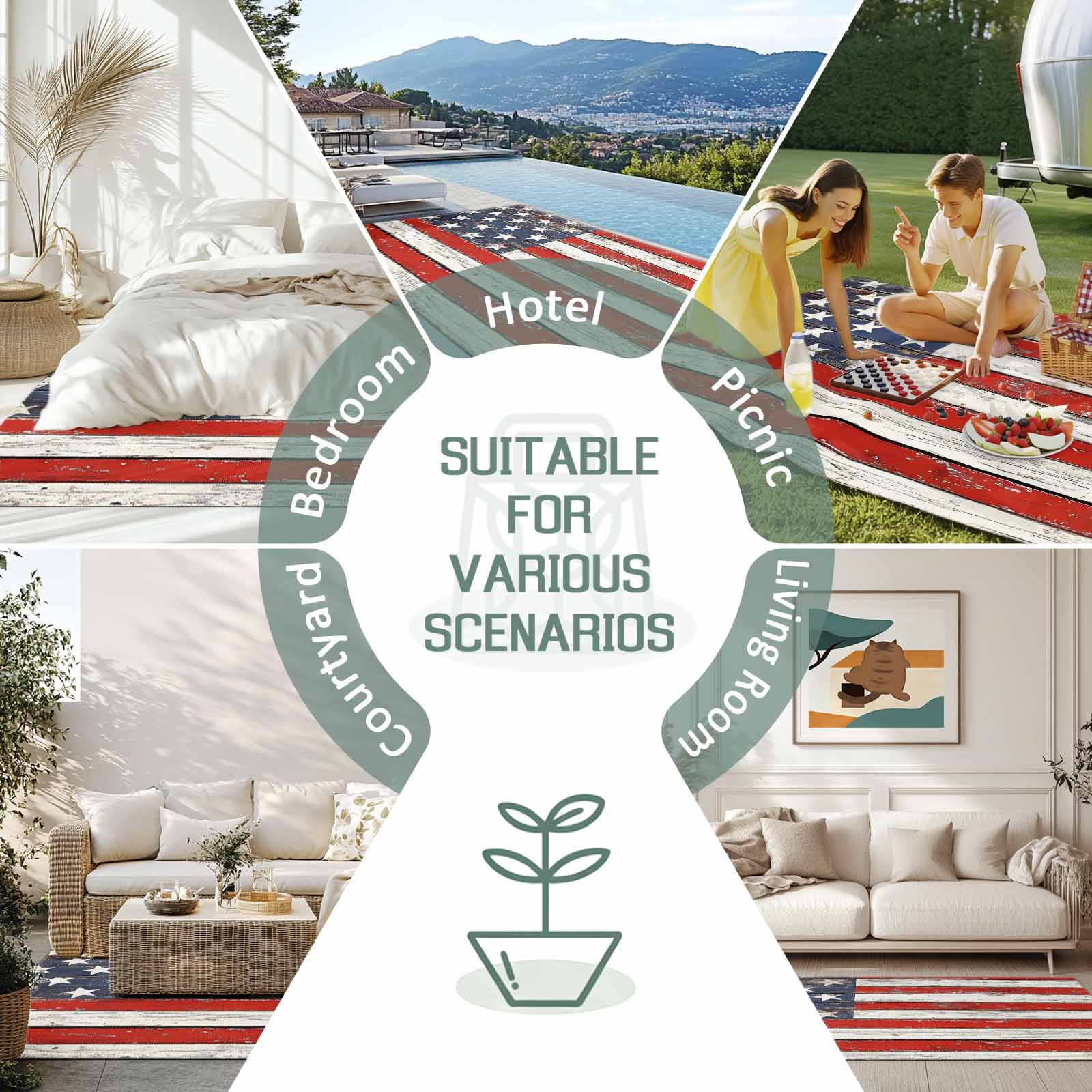 Outdoor Rug 5x7 ft 4th of July Waterproof Outdoor Patio Rug Mat Non Slip Outside Area Rugs Carpet for RV,Camping,Porch,Deck,Pool,Balconybackyard,Patriotic Wood American Flag Red White and Blue