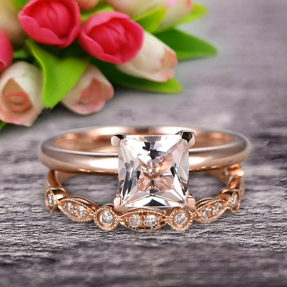 Bridal Set 1.25 Carat Princess Cut Morganite Solitaire Engagement Ring With Matching Wedding Band On 10k Rose Gold Art Deco Shining Startling Ring