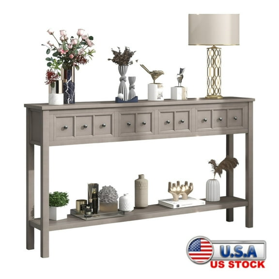 Tcbosik Rustic Console Table with 2 Drawers & Bottom Shelf, 60" Long Behind Sofa Table for Hallway Entryway, Gray