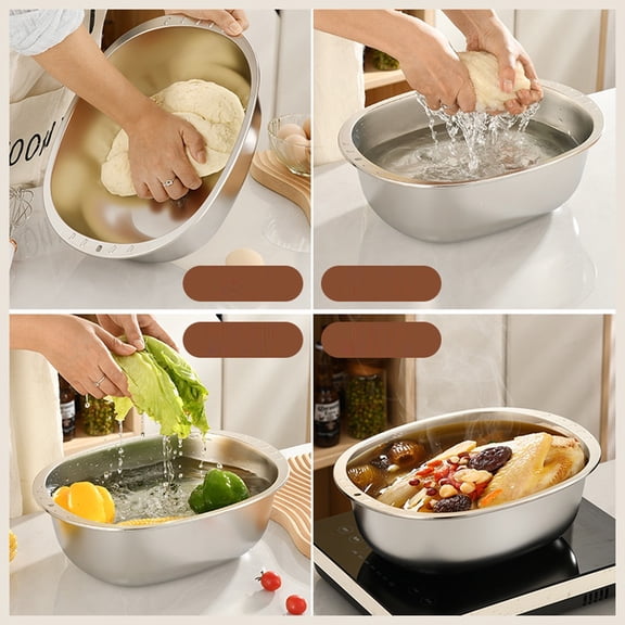 Stainless Steel Thickened Vegetable Washing Basin, Deep Household Kitchen Egg-shaped Oval Bowl for Fruit Salad & Prep, Durable Multi-purpose Mixing Bowl