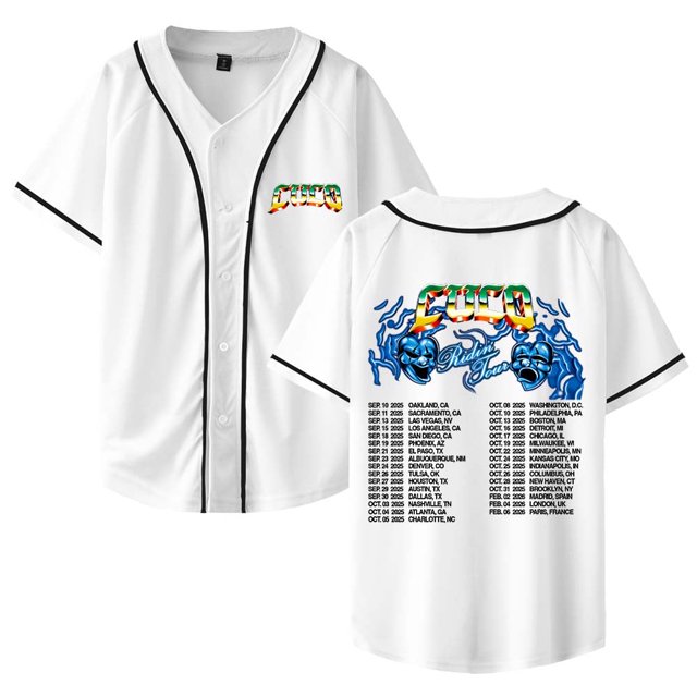 Cuco Ridin Tour 2025 Merch Maillot de Baseball Col en V Femmes Hommes Manches Courtes Mode Urbaine Vêtements,TP,Blanc
