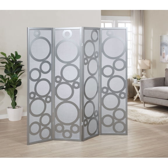 Arvada 4-Panel Wood Room Divider with Circle Pattern, Silver,