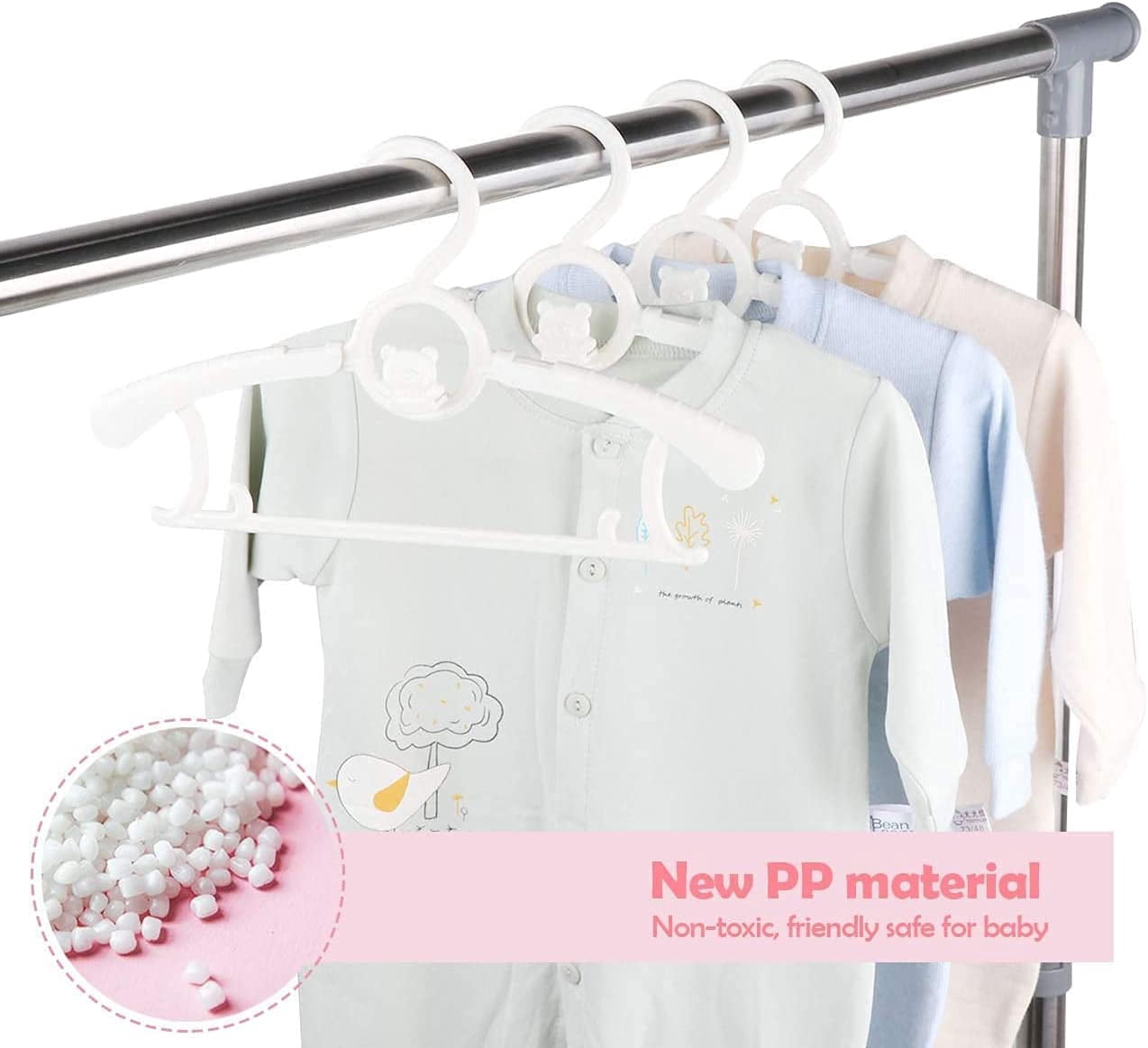 Kid Hangers for Closet 20pcs, Grey Infant Clothes Hanger 11-14" Adjustable Plastic Baby Coat Perchas with Bear Hook, Non-Slip Children Outfit Hangars for Girl Boy Toddler Newborn Teen Clothing
