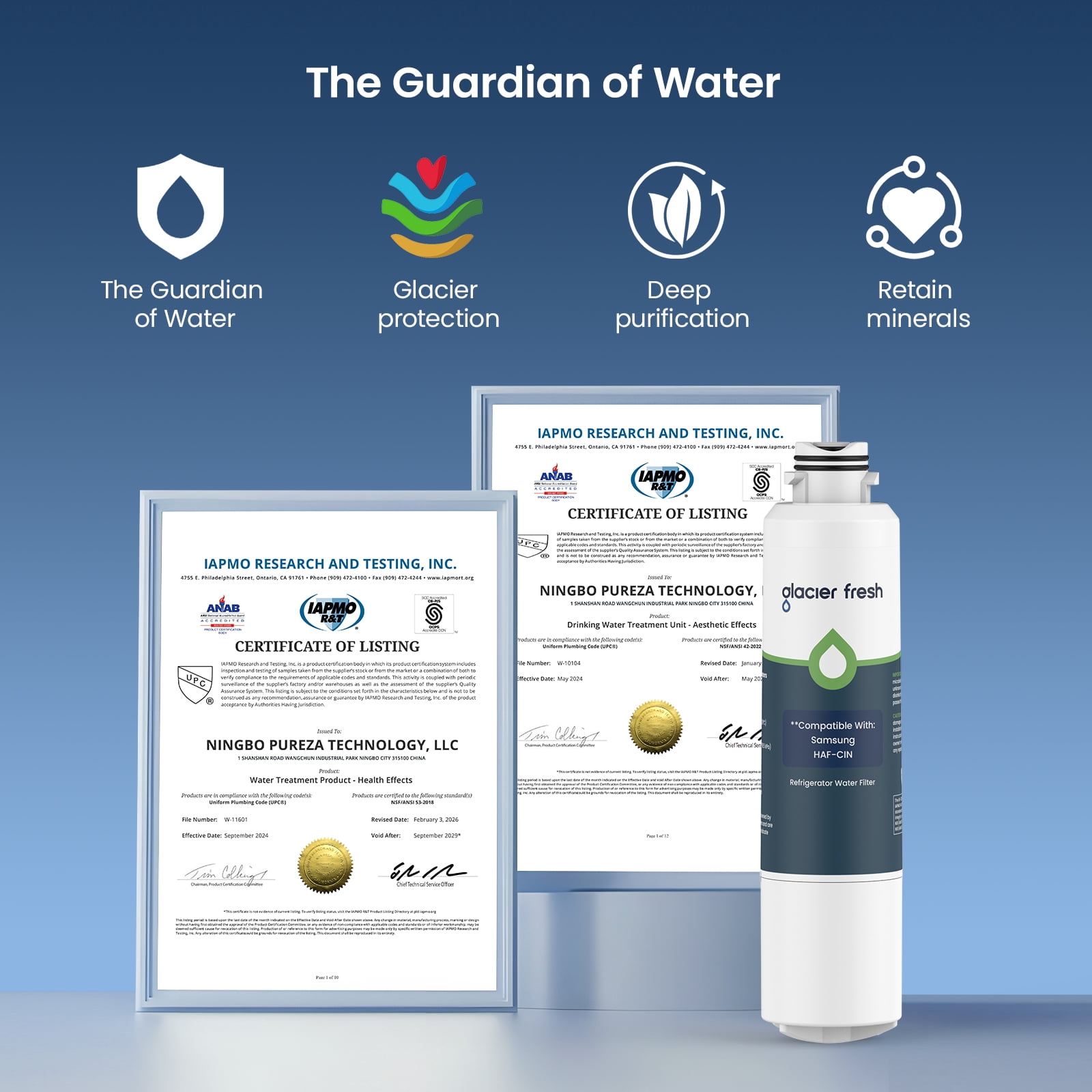 GLACIER FRESH DA29-00020B Refrigerator Water Filter, NSF/ANSI 53 & 372 Certified, Compatible with Samsung DA29-00020A/B, HAF-CIN/EXP, DA29-00020B-1, 46-9101, RF4267HARS, 1 Pack
