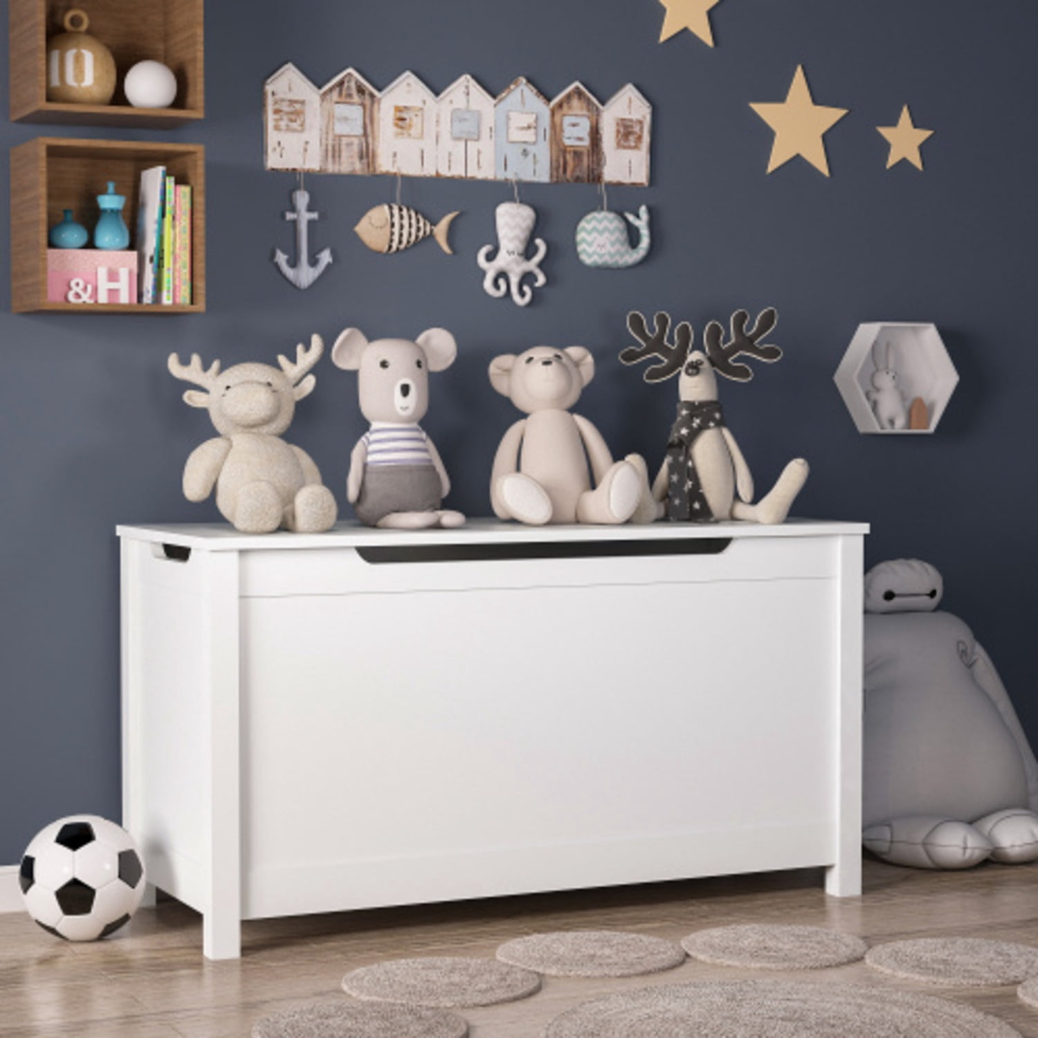 Kids Wooden Toy Box Storage with Safety Hinged Lid for Ages 2+ (Gray)