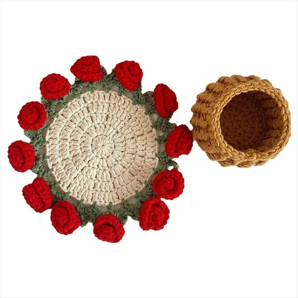 Posavasos con Ramo de Rosas, Mantel Individual de Flores de Ganchillo, Mantel de con Ramo Tejido A Mano, Adornos para el Escritorio del Hogar, Plantas en Maceta con Cesta A