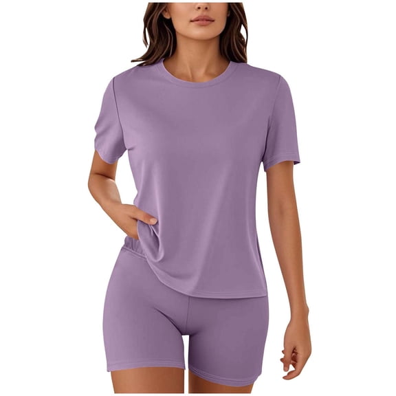 Guluxicc 2 Piece Athletic Basic Sets for Women Basic Breathable Sweat Absorbing T-Shirt with Elastic Waist Shorts Solid Comfy Trendy Workout Activewear Outfits for Gym Sports Lounge