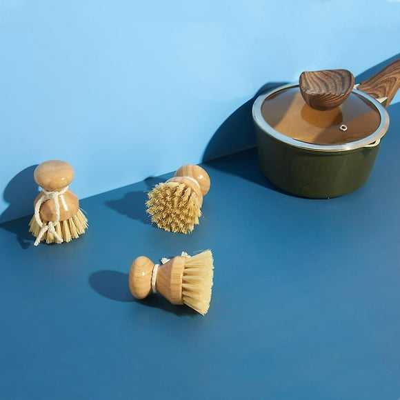 Bamboo Kitchen Dish Cleaning Brushes - Set of 3, Natural Sisal Bristles