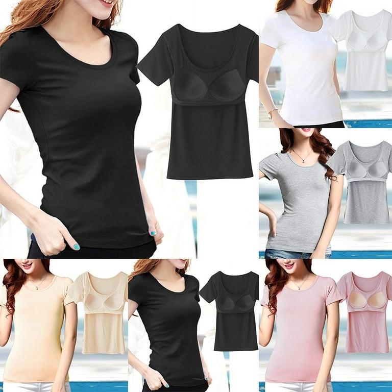 Womens T-Shirts with Built in Shelf Bra Short Sleeve Model Solid Casual  Padded Bra Yoga Tank Top Tee