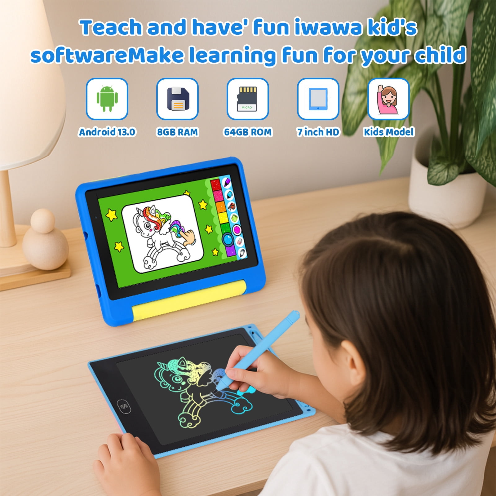 AEEZO 7 Inch Kids Tablet Bundle, 8GB RAM 64GB, Learning Tablet for Kids Ages 3-10 with Headphones Stylus Bag, Blue