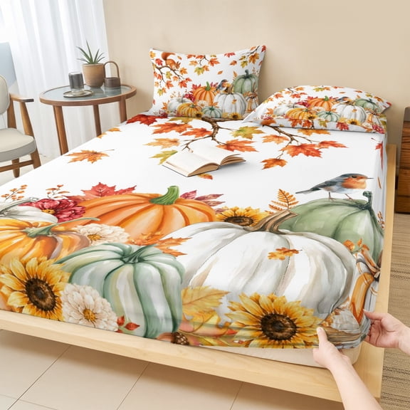 Queen Size Fitted Sheet Set - Fall Pumpkins 3 Piece Bedding Sets 16" Deep Pocket Fitted Sheet with 2 Pillowcases, Thanksgiving Maple Branch Country Florals Brushed Microfiber Hotel Luxury Bed Sheets