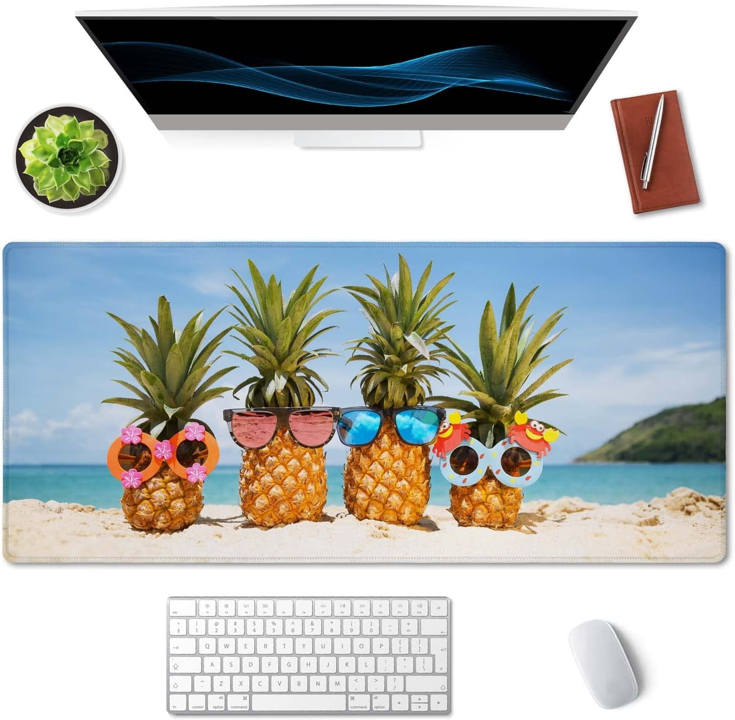 Extended Gaming Mouse Pad (35.4x15.7 in), Large Stable Rubber Base Mousepad with Stitched Edges, Keyboard Mouse Mat Desk Pad for Work, Game, Office, Home - Funny Pineapples