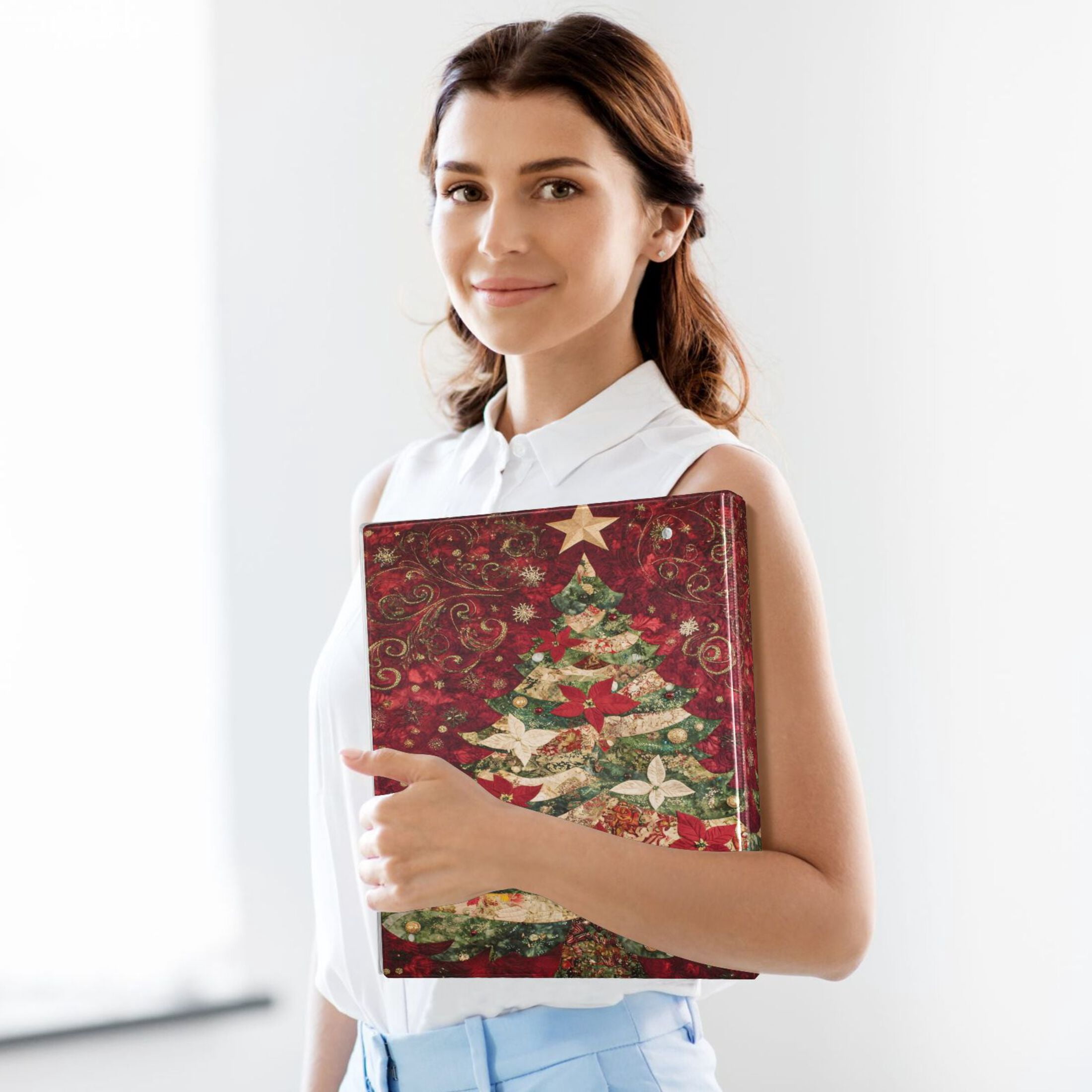 joogoo Poinsettia Flower Christmas Tree Hardcover 3 Ring Binder 1.5" Round Rings Interior Pockets Binders Organizer 1 Pack