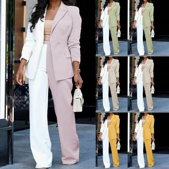 Olyvenn Trendy Two-piece Suit Blazers Jacket Pants for Women Work Office Lightweight Lapel Collar Womens Suit Button Open Front Casual Long Sleeve Blazer Jackets Color Block Slim Fit Beige 6