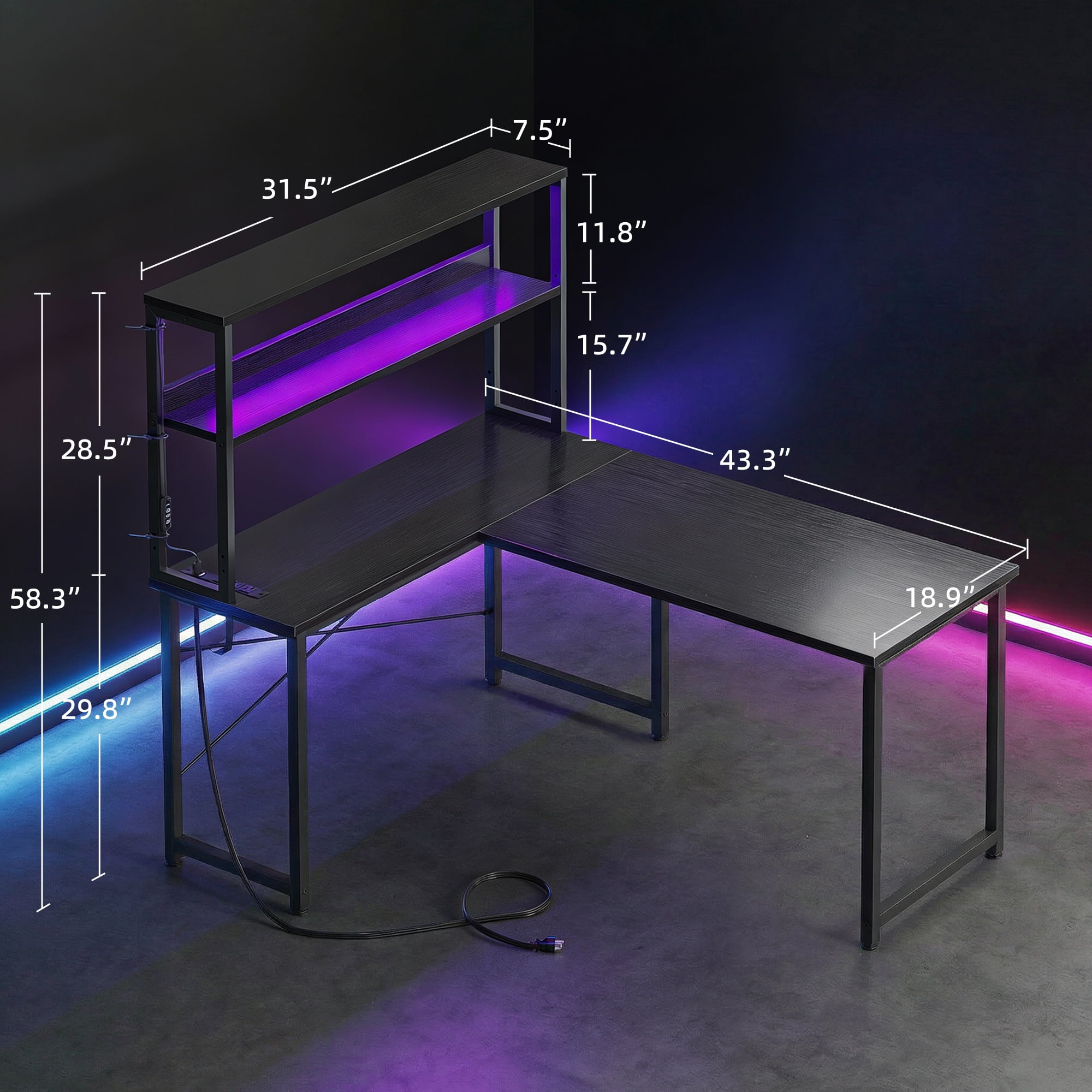 43 Inch L-Shaped Office Desk with Power Outlets, Gaming Desk with LED Lights for Home Office, Corner Computer Desk with Hutch, Black