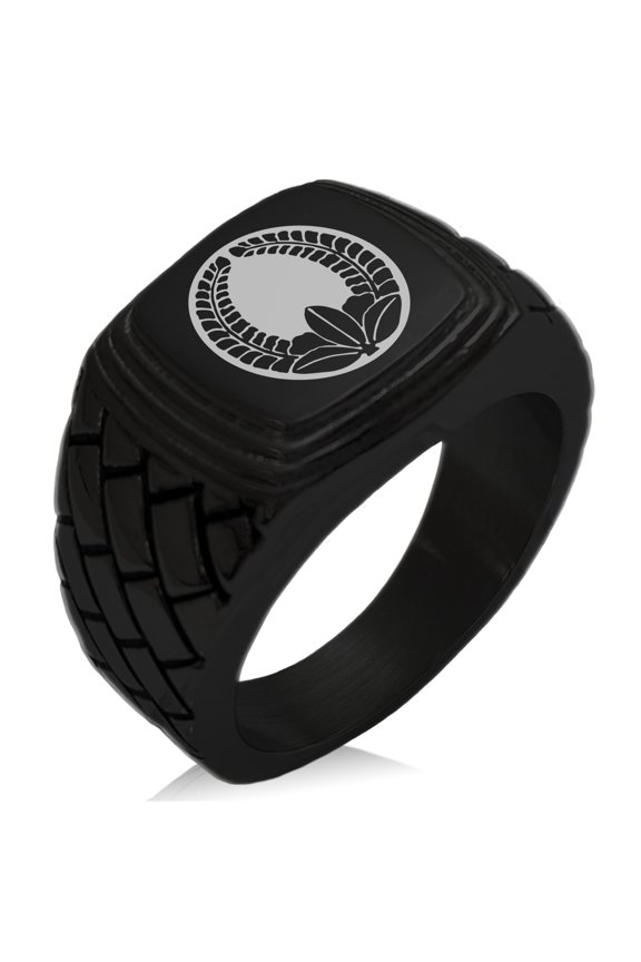 Stainless Steel Ando Samurai Crest Geometric Pattern Step-Down Biker Style Polished Ring