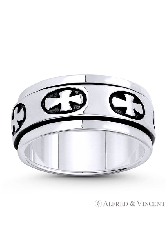 Flared Heraldic Pattee Cross Charm 9mm Band / Spinning Men's Ring in Oxidized .925 Sterling Silver