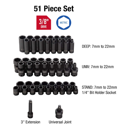 Sunex Tools 3351 3/8" Drive Metric Impact Socket Set, 51-Pieces