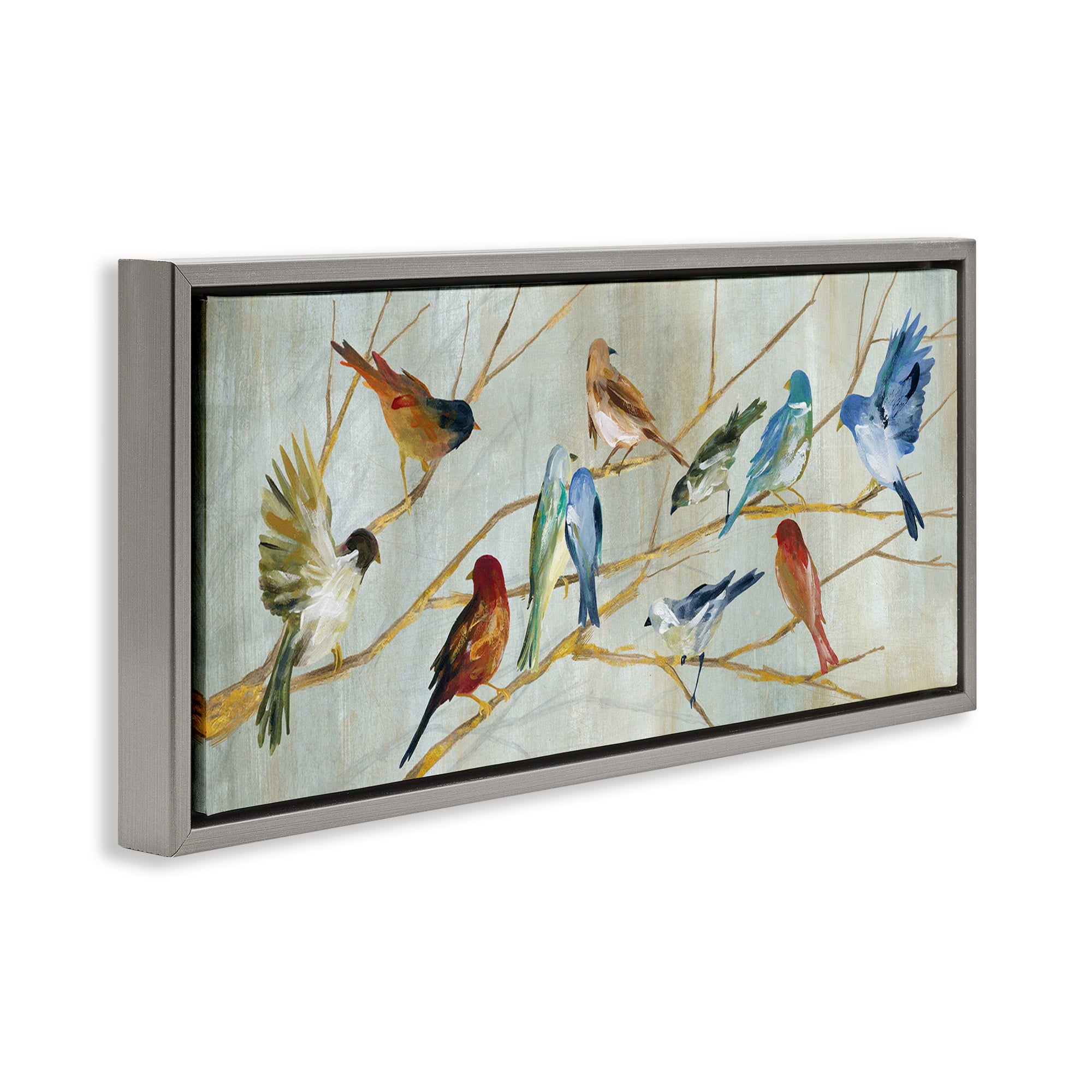 Stupell Industries Birds Resting Autumn Branches Animals & Insects Painting Gray Floater Framed Canvas Art Print Wall Art, 31 x 14