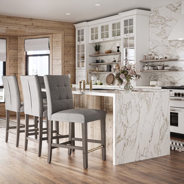 CorLiving Leila Fabric Upholstered Indoor Counter Height Barstool with Wood Legs and Metal Foot Rest, Silver Grey (Sold Individually)