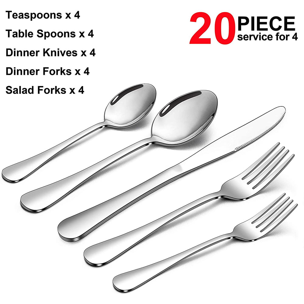 20-Piece Matte Black Silverware Set, VeSteel Stainless Steel Flatware Set  Service for 4, Metal Cutlery Eating Utensils Tableware Includes  Forks/Spoons/Knives, Square Edge & Dishwasher Safe 