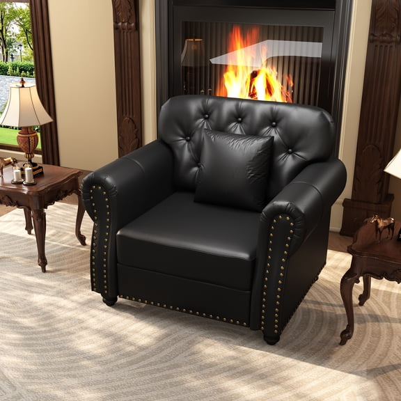 LUFTUT 41" Faux Leather Chesterfield Sofa, Button Tufted Accent Couch with Rolled Arms & Nailhead Trim, Modern 1 Seater Sofa Chair for Living Room Bedroom Office, Black