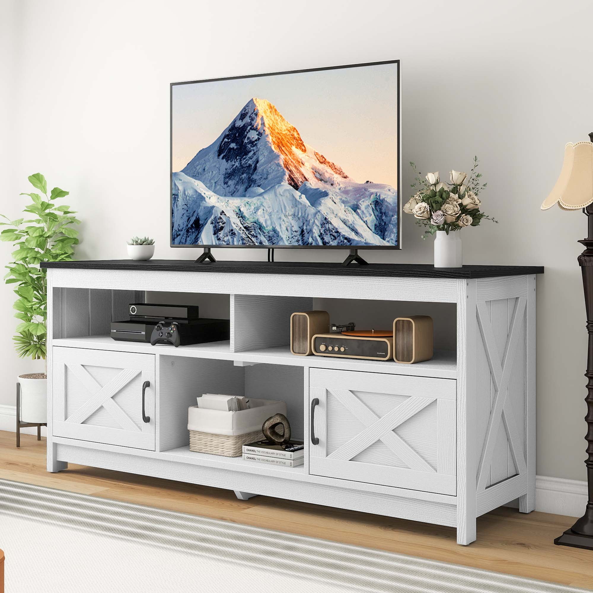 Dextrus Farmhouse TV Stand for 65" TV, White/Black photo 1