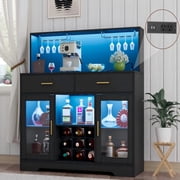WARAYZ Wine Bar Cabinet with LED Lights & Charging Station, Bar Cabinets with Wine Rack Storage, Black