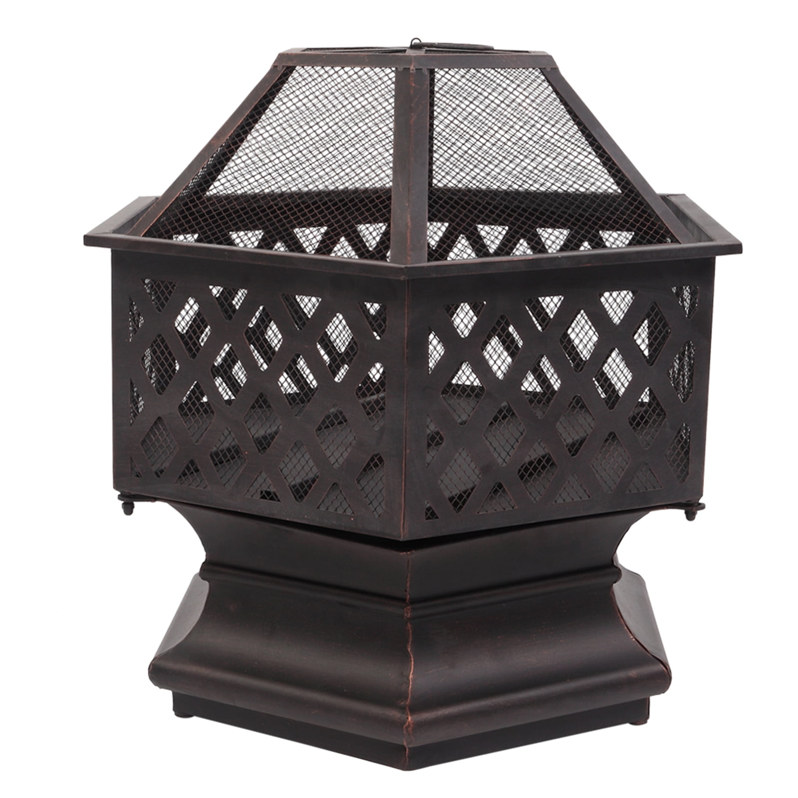 22" Hexagonal Iron Brazier, Deep Fire Pit with Spark Guard, Heat-Resistant Paint, Lightweight for Yard,Poolside,Backyard, Distressed Bronze