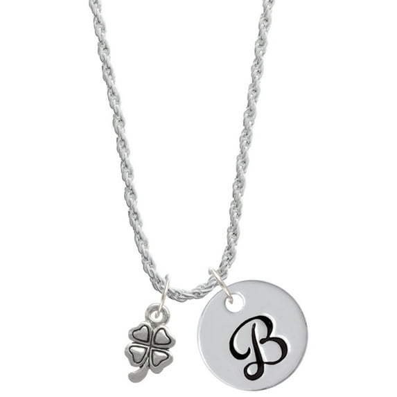 Delight Jewelry Silvertone Mini Four Leaf Clover Silvertone Script Initial Disc - B - Charm Necklace, 20"+3"
