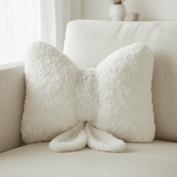 Soft Plush Bow Pillow for Couch & Bed, Decorative Throw Pillow for Living Room or Bedroom, Bow Shaped Accent Pillow, Small 12-Inch Size in White